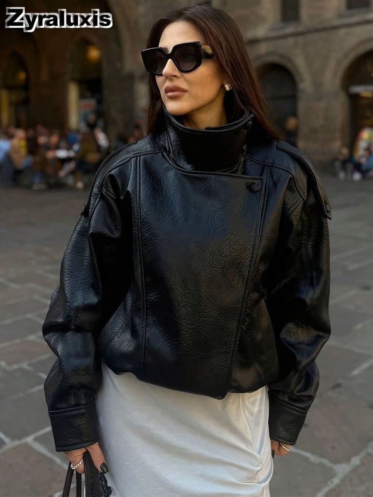 Nueva Chaqueta de Cuero para Mujer, Blazer Corto Holgado Estilo Motero de Cuero PU para Moda de Primavera/Otoño