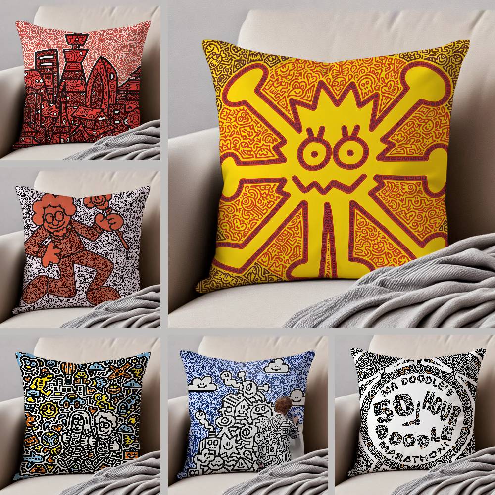 Famous Genius Graffiti Art Mr Doodle Pillow Case Anti-dustmite Pillowcase Invisible Zipper Silky Short Plush Sofa Cushion Cover