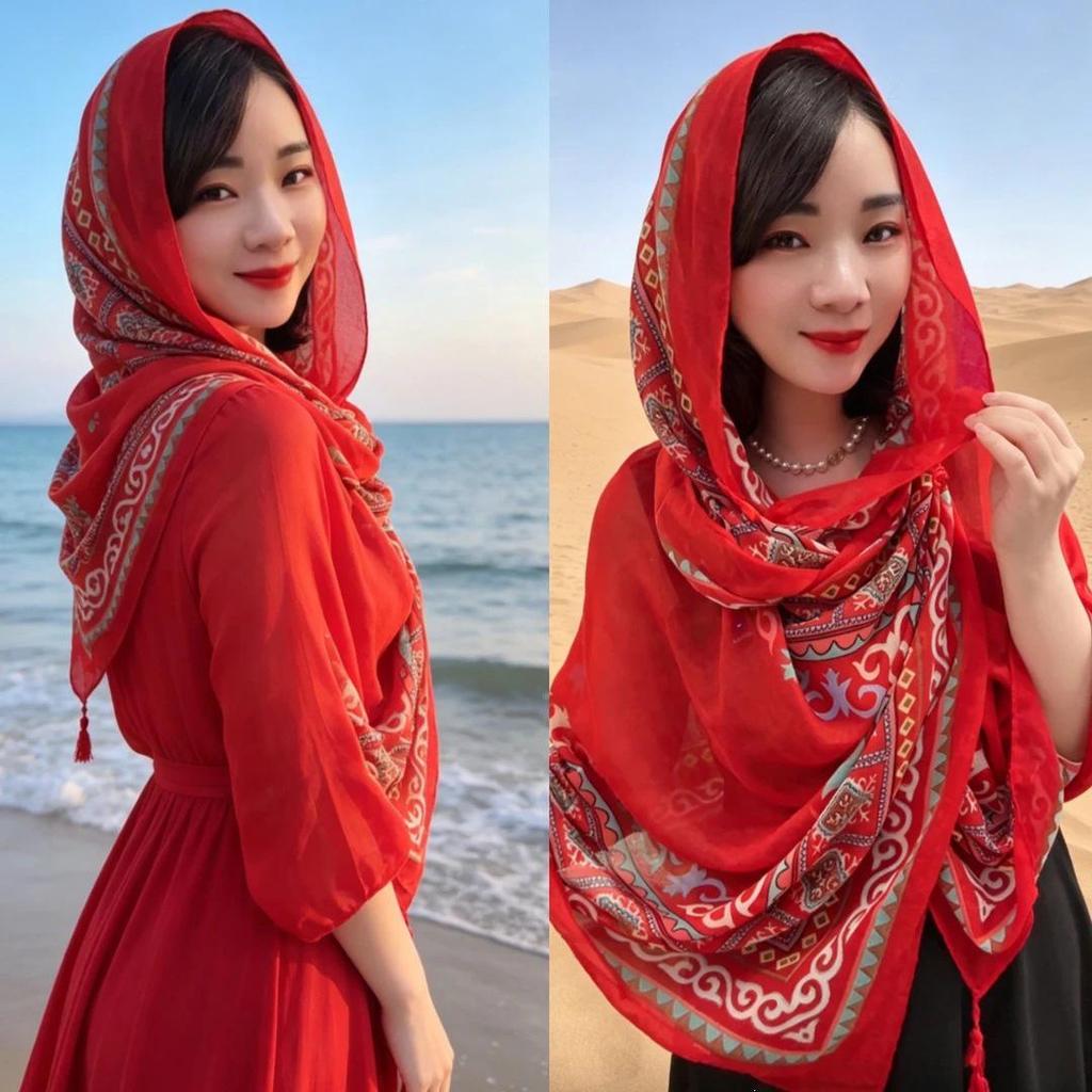 Women's Retro Ethnic Silk Scarf with Frog Button Shawl for Sun Protection