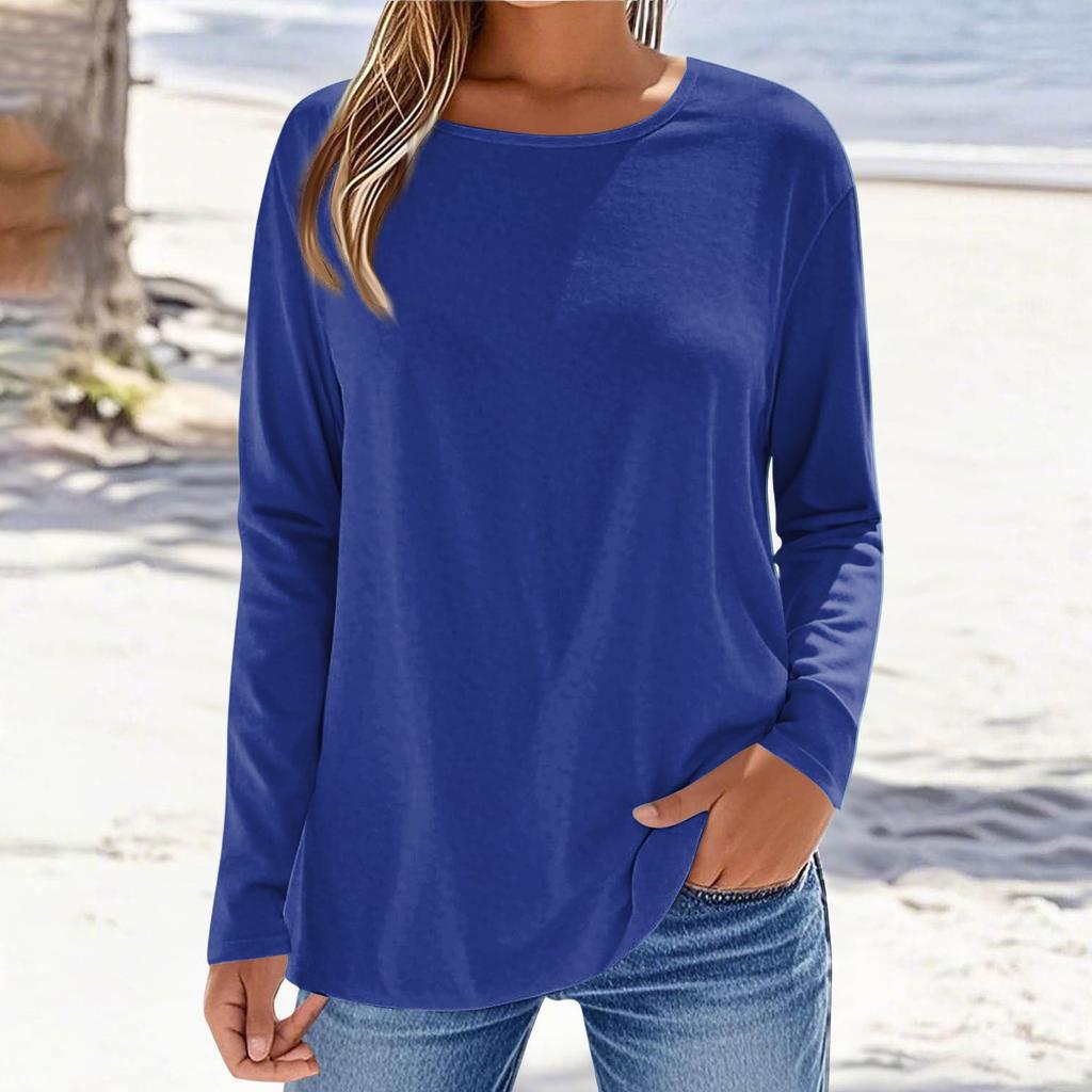 Women's Fashionable Casual Color Long Sleeved Round Neck Top Round Neck Top