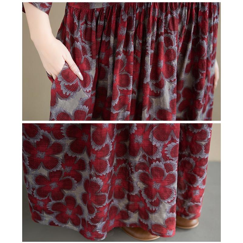 DIMANAF New 2026 Summer Beach Women Plus Size Vintage Lady Long Dress Red Loose Oversize Maxi Floral Print Cotton