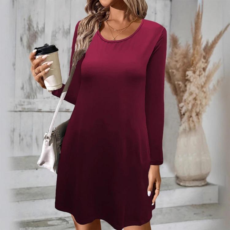 Fashionable Solid Color Women Pullover Long Sleeve Casual Round Neck Dress S винный