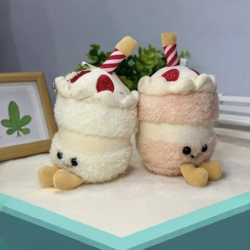 Internet Celebrity Cute Cake Candles & Milk Tea Cup Plush Doll Keychain Ornaments