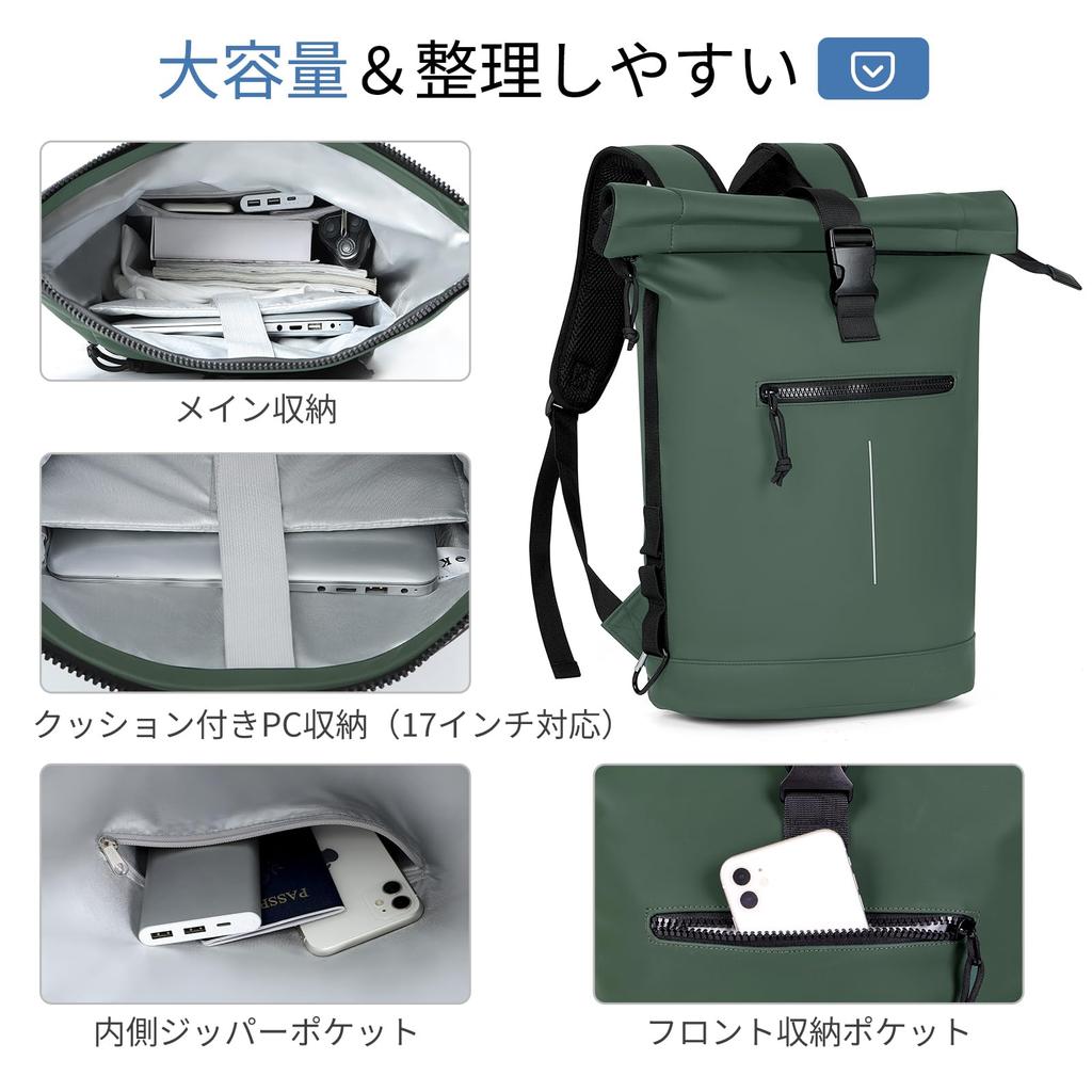 Fits Back Ventilated Side Suitable for Multifunctional Green [Lekesky] Roll-Top Backpack, Waterproof, Expandable, 18-25L, 17-inch Laptop, Lightweight,