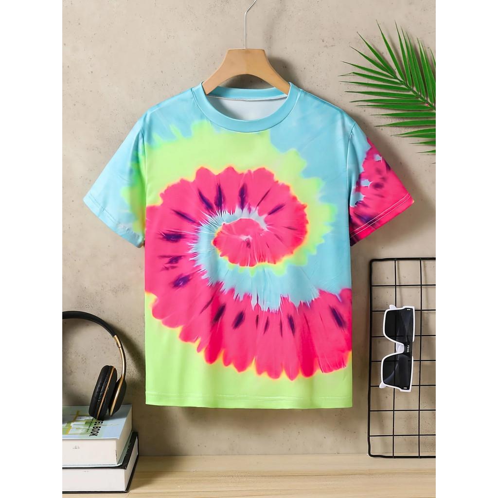 3D Tie-Dye Rainbow Print Kids' T-shirt Summer Fashion Casual Crew Neck Short-Sleeve Top for Boys & Girls
