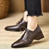 Retro Preppy Mid-Heel Square-Toe Leather Loafers with Deep-Mouth Lace-Up and Kitten Heel for Women