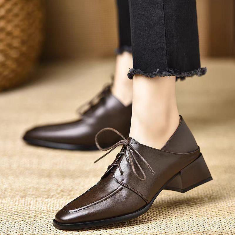 Retro Preppy Mid-Heel Square-Toe Leather Loafers with Deep-Mouth Lace-Up and Kitten Heel for Women
