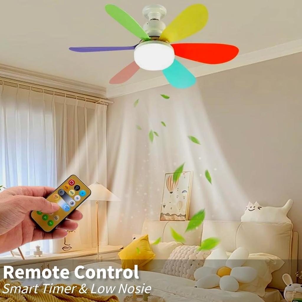 Socket Fan Light with Remote, Screw in Ceiling Fan LED Light Bulb 3 Colors Dimmable 3000K-6000K Quiet Fan for Indoor, Bedroom, Kitchen, Balcony, Home