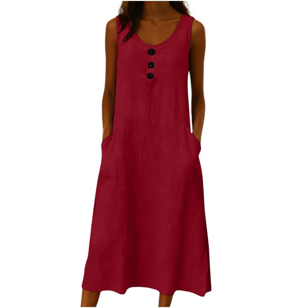 Ärmelloses Freizeitkleid mit Rundhalsausschnitt und Knopfleiste Vordertaschen Midi-Länge Lockerer Schnitt Sommerkleid für Damen