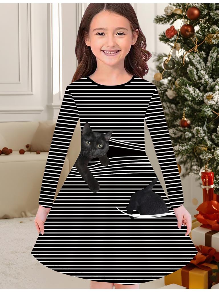 Girls' Autumn and Winter Fashion Dress, 3D Cute Kitten Print  Round Neck Long Children's T-shirt Dress, Casual Versatile, Christmas Clothing