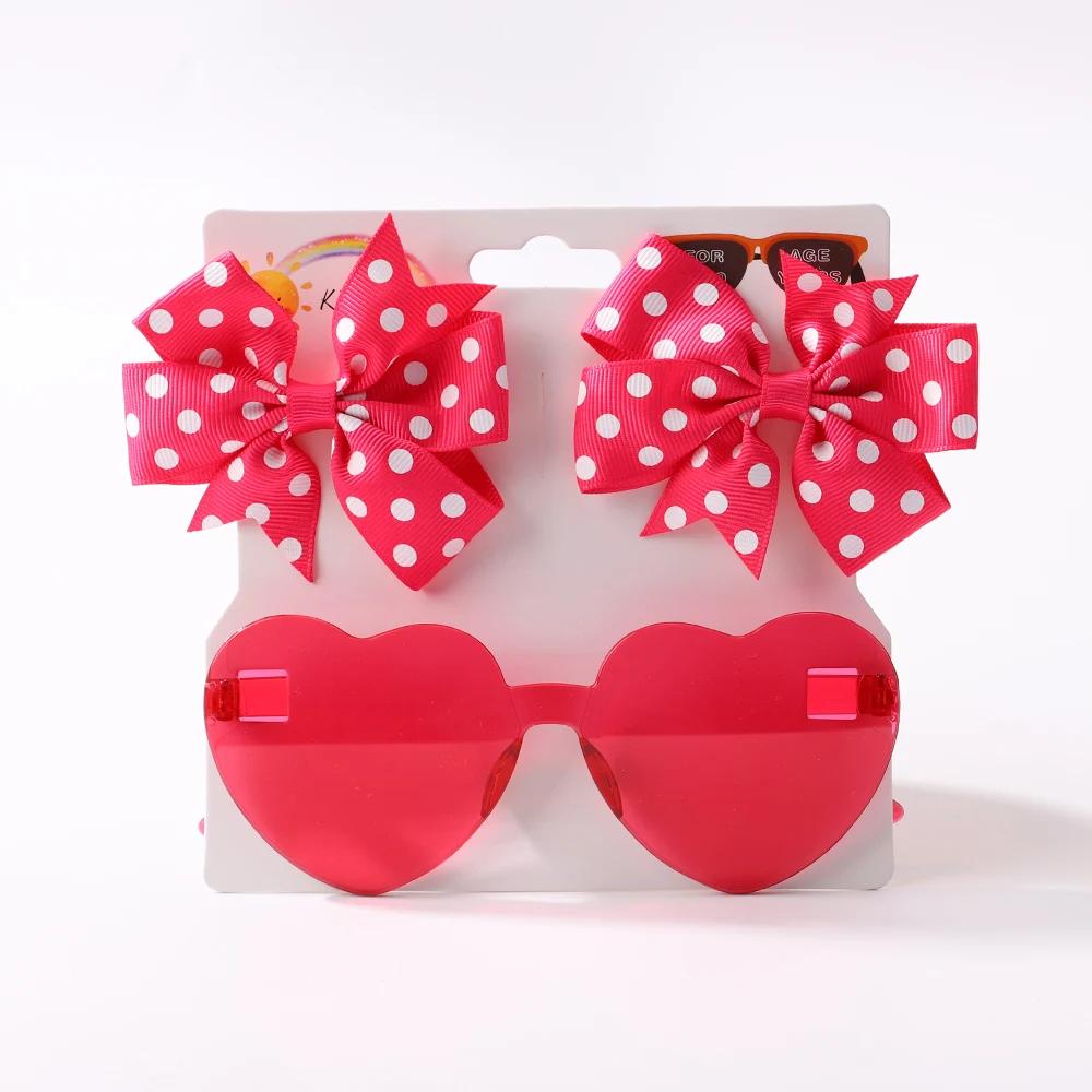 3Pcs/set Kids Cute Solid Dot Hairpin Colorful Heart Sun Glasses Set Girls Boutique Bowknot Hair Clips Children Hair Accessories