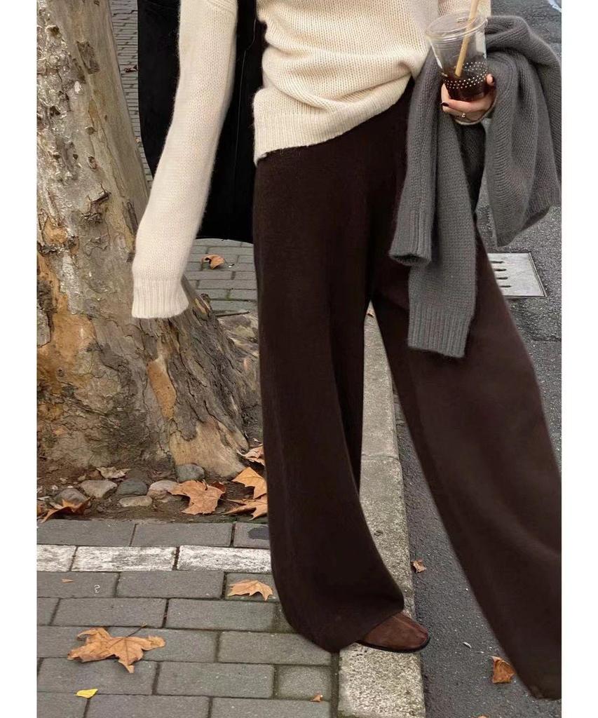 Women's Australian Wool Wide-Leg Trousers - Thick, Floor-Length, Cashmere Knit for Autumn/Winter