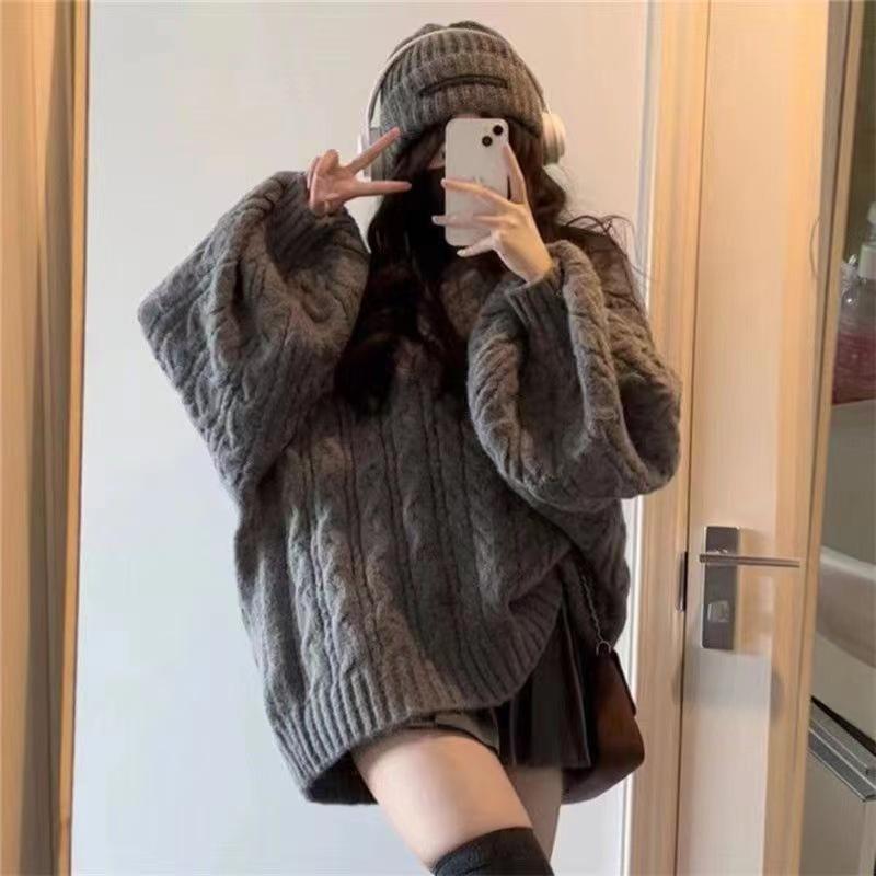 Autumn and winter new loose pullover knitted sweater thickened medium and long sweater women's lazy wind v-neck twist top