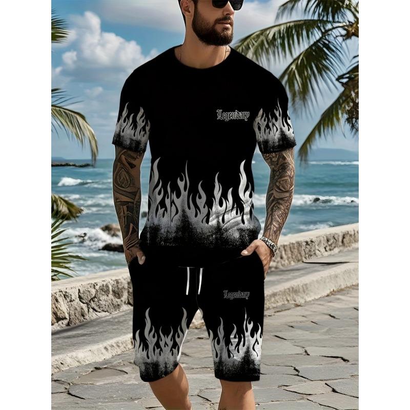 Herren Sommer Kurzarm Set Hip Hop Cartoon Bär Print Kurzarm Oberteil Shorts Lässig Zweiteilig Outdoor Urban Street Fashion