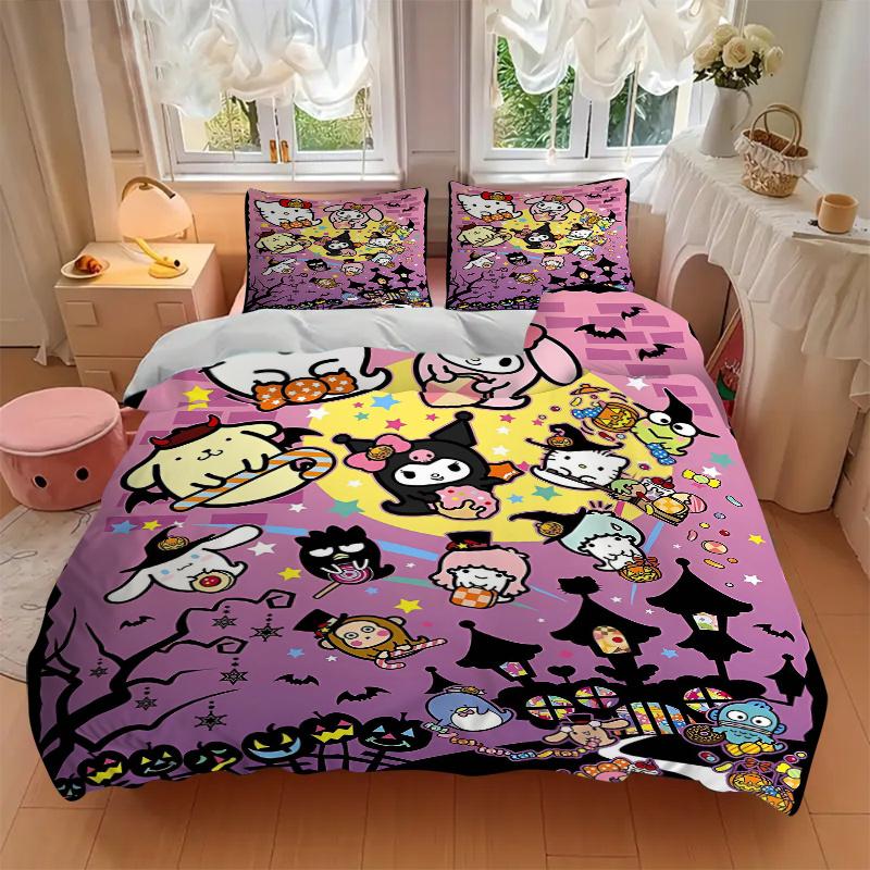 3pcs Halloween Fun Hello Kitty My Melody & Friends Bedding Set Includes Quilt Cover and Pillowcases, Suitable for All Seasons