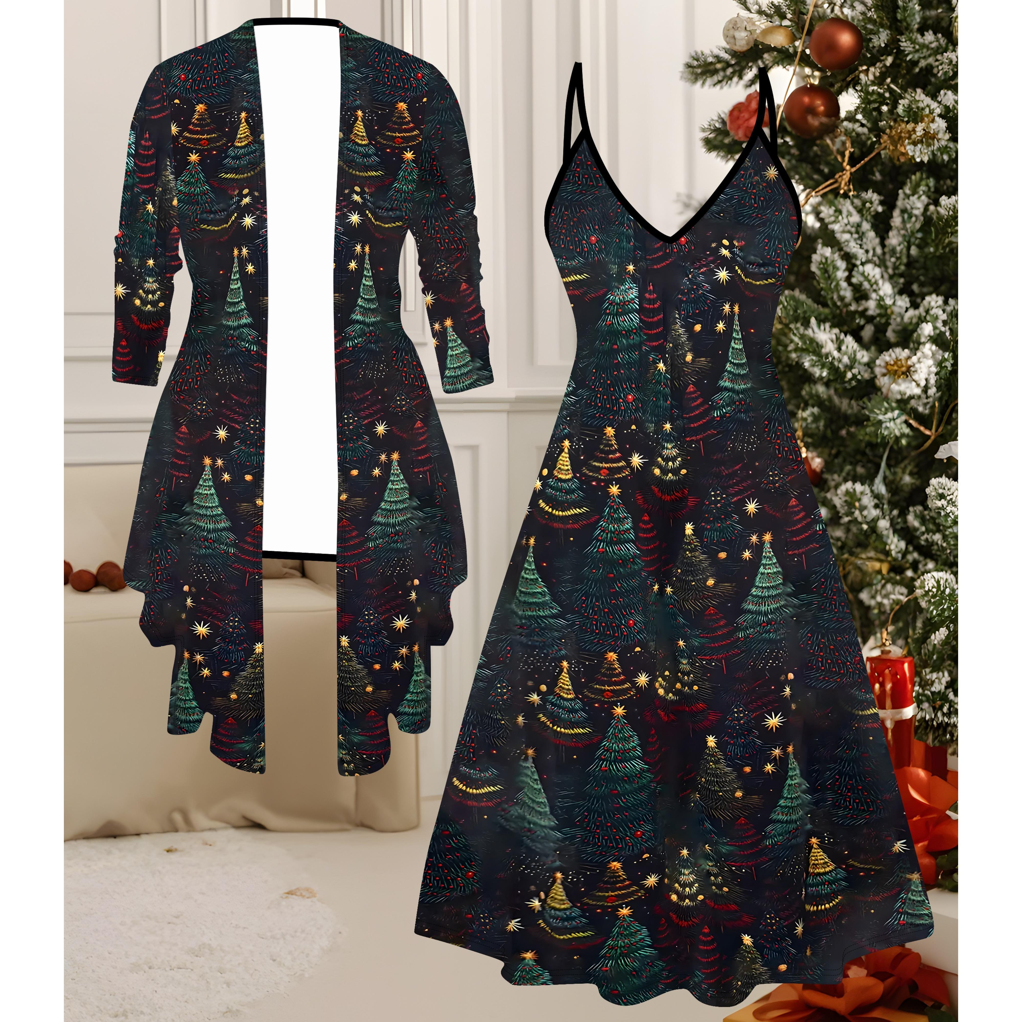 

3D різдвяний принт Комплект Сукня Пальто на День Святого Валентина, Ексцентричний Класичний Модний Принт з Тотемами, підходить для Різних Сценічних Модних Стилів XXL зелений