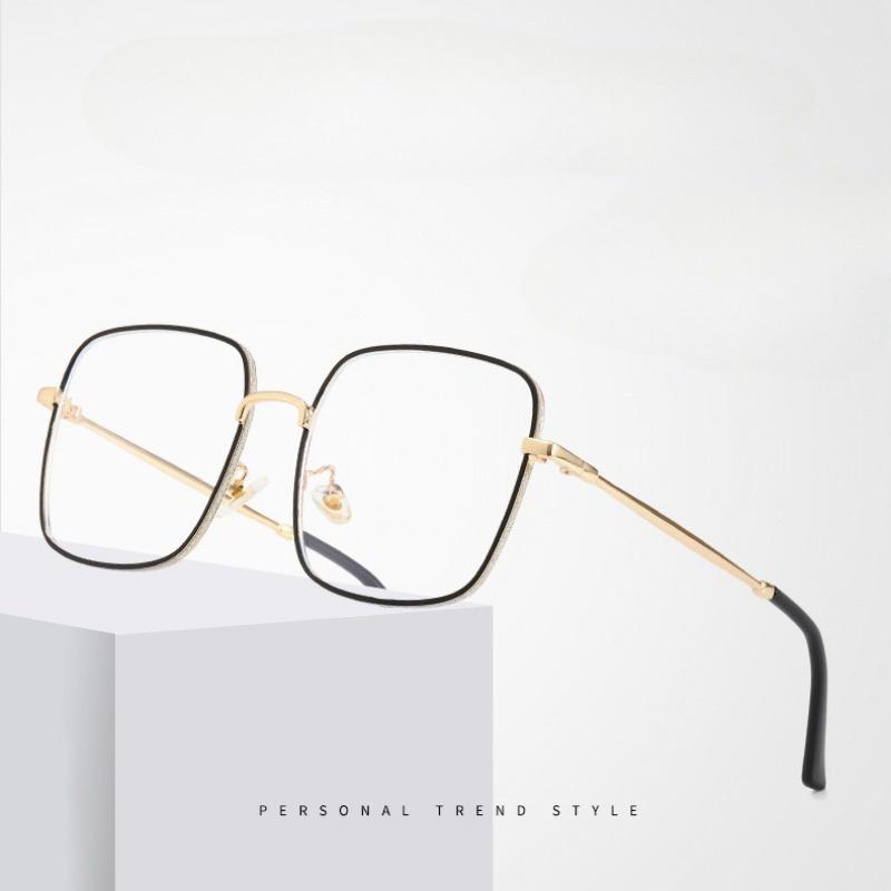 Anti-blue Light Glasses Radiation Flat Plain Large Square Metal Frame Diny Diamonds Eyeglasses Replaceable for Girl and Women