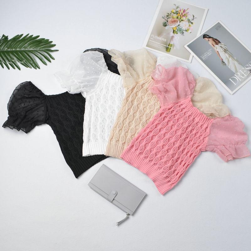2025 Summer Women's French Square Neck Hollow-Out Puff Sleeve Knit Top