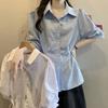 Large Size Women's French Temperament Blue Striped Shirt Summer Short Sleeved Top