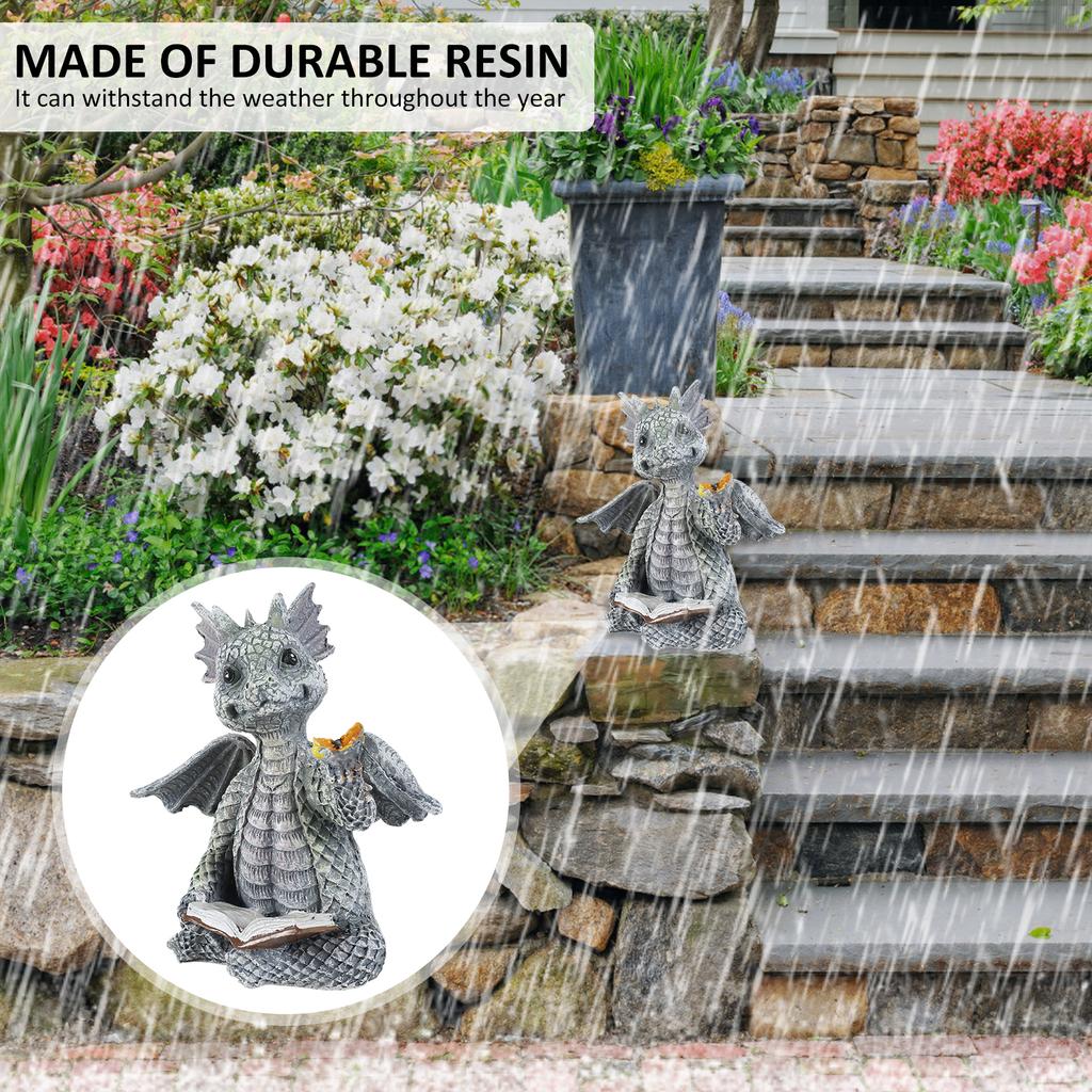 Reading Book Little Dragon Sculpture Statues Resin Garden Dragon Cute Sculptures Art Ornament Gift for Lawn Patio Decor