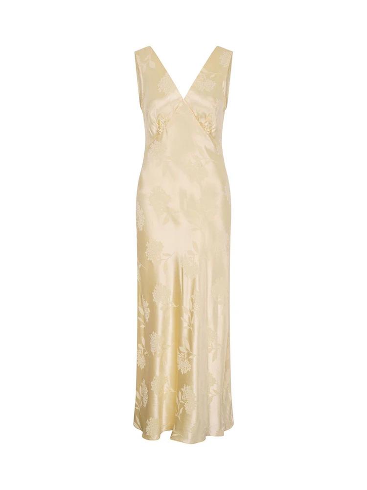 2025 European & American V-Neck Satin Jacquard Mid-Length Backless Dress for Women Small жёлтый