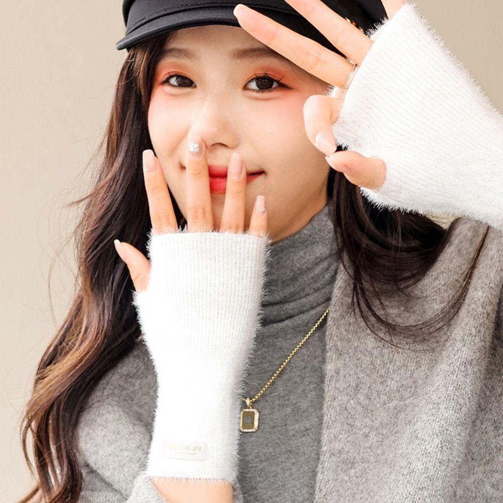 Winter Knitted Driving  Half Finger Gloves Faux Mink Wrist Arm Warmer Women Mittens