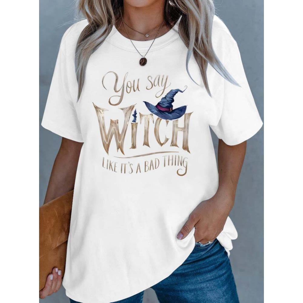 Plus Size Elegant Outfit Featuring Enchanting Witch Motif And Sassy Slogan