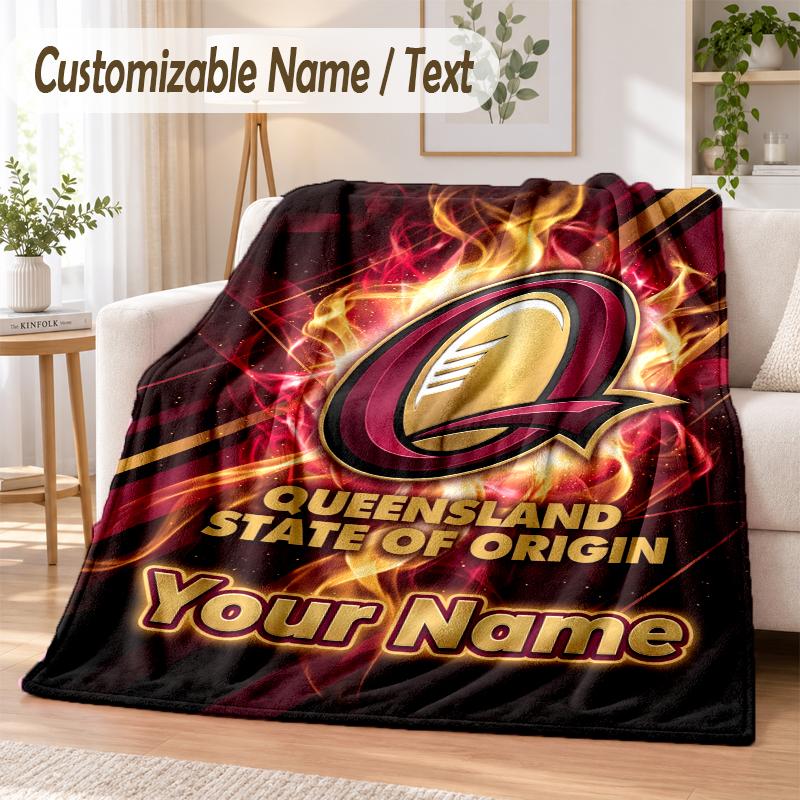 Custom Text Flannel Blanket Queensland Maroons Print Warm Cozy Blanket Home Sofa Bedding