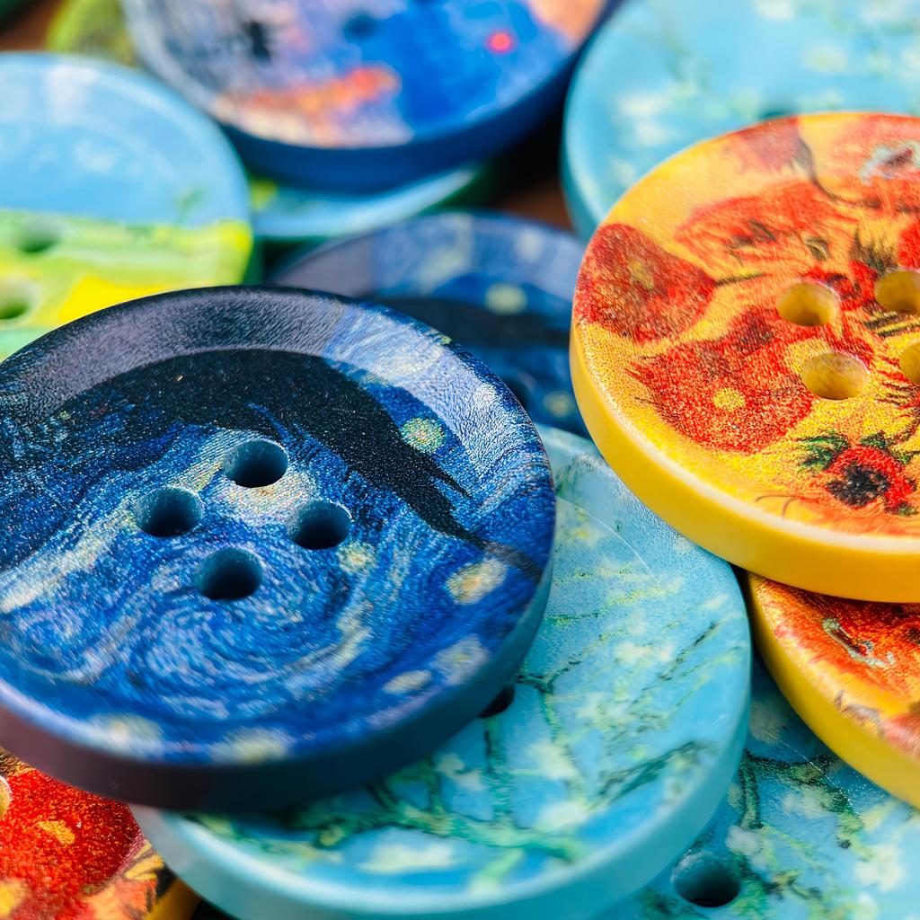 Conjunto de 5 peças Botões Decorativos Grandes de 30mm, Apresentando Pinturas a Óleo de Van Gogh e Monet, Um de Cada Tipo, Usados para Roupas Cachecóis, Bolsas