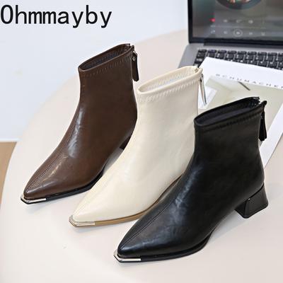 Dicker Absatz Metall Spitze Zehen Damen Stiefeletten Streetstyle Bankett Party Kleid Kurze Stiefel Herbst Winter Damenschuhe