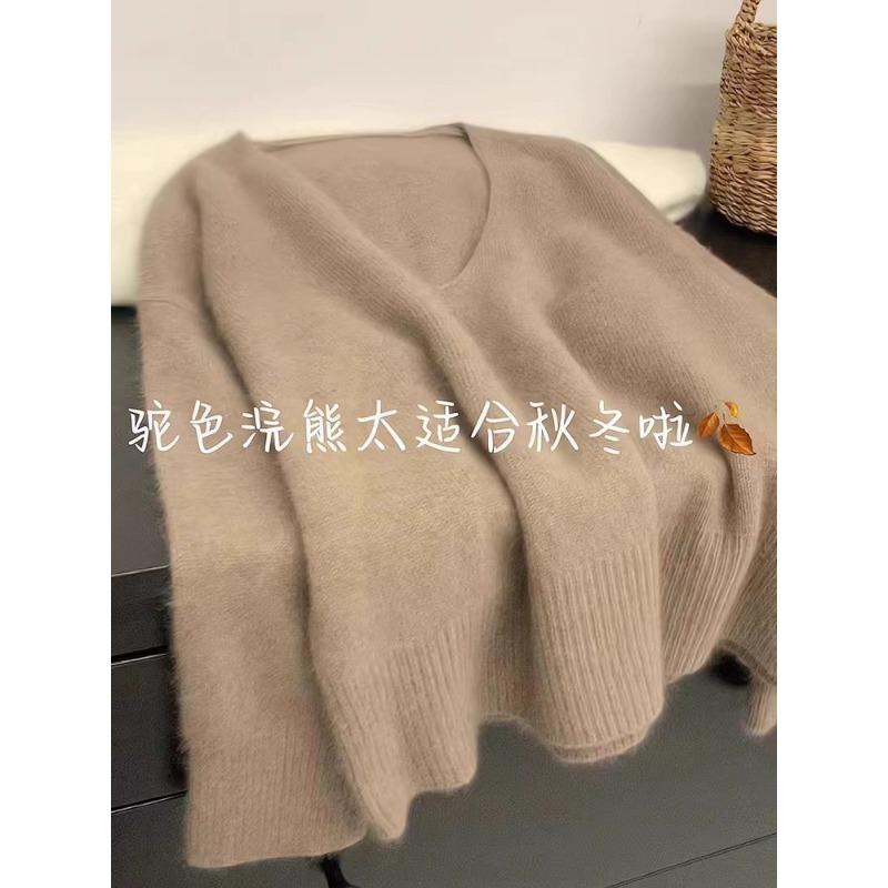 

Осенне-зимний однотонный свитер из енотового флиса с V-образным вырезом, женский повседневный простой и универсальный ленивый вязаный свитер, женский пуловер One size верблюд