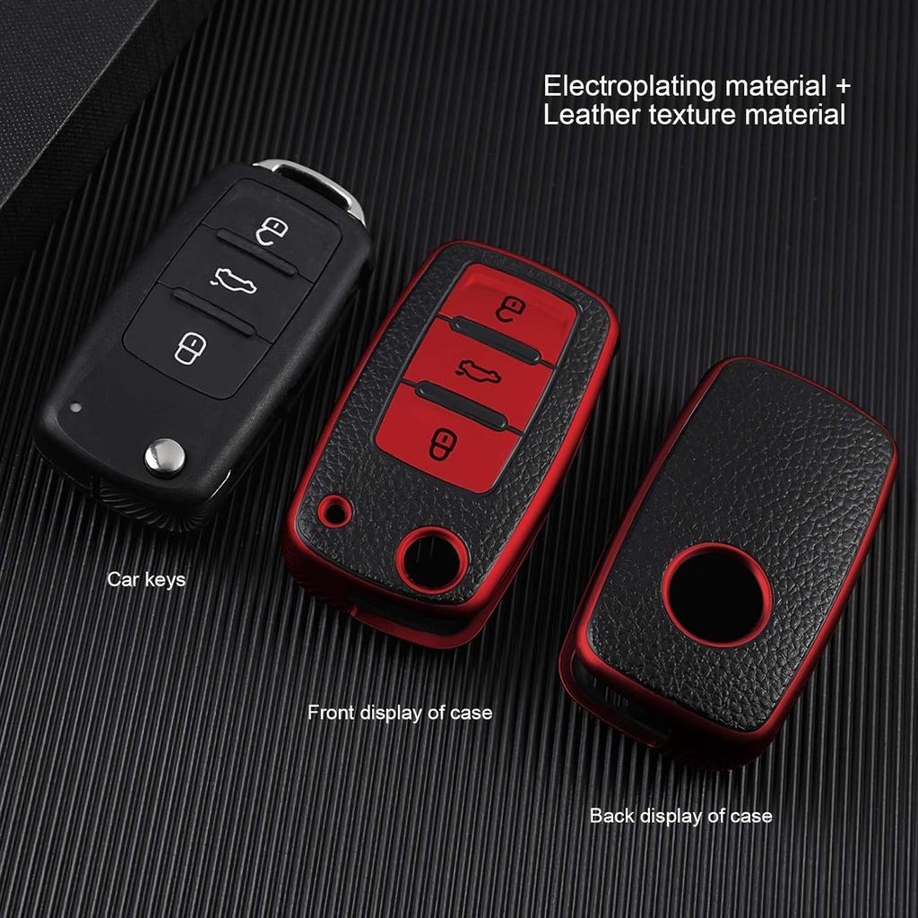 ELOHEI for VW Key Fob Cover, Premium Soft TPU 361 Degree Full Protection for VW Volkswagen Jetta Beetle Tiguan Passat Golf MK6 Polo 3 Buttons(Leather