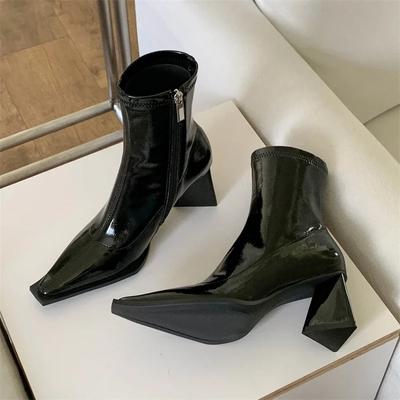 Fashion Patent Leather Women Ankle Boots Pointed Toe Square High Heels Shoes Side Zipper Chelsea Botas De Mujer