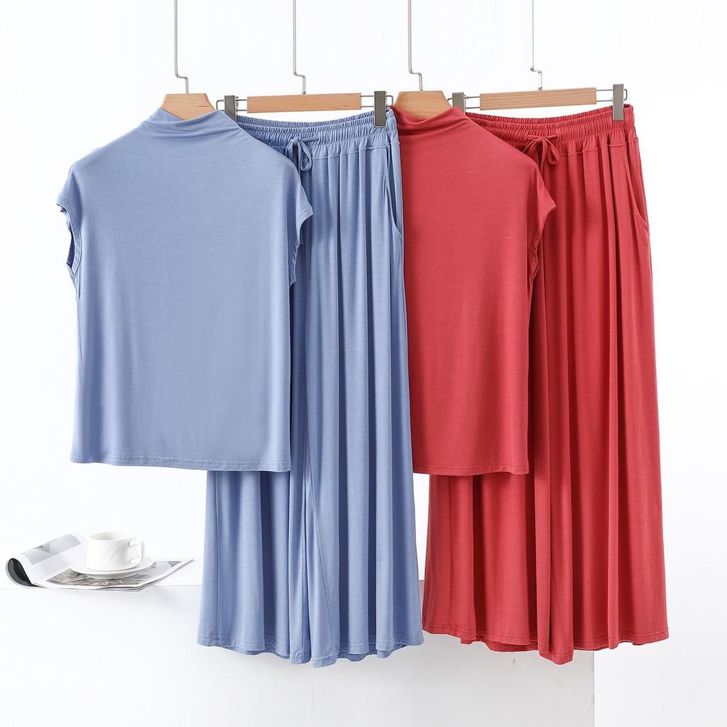 Summer High-Neck Sleeveless Top & Color Block Wide-Leg Pants Two-Piece Set