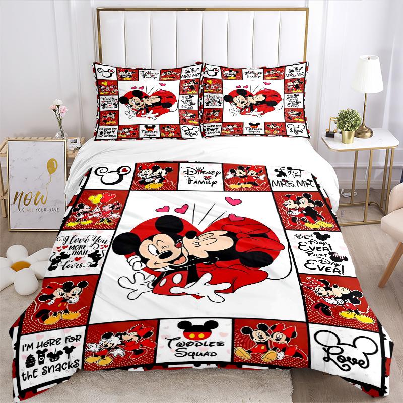 3pcs Love Mickey and Minnie Printed Quilt Set, Includes 1 Quilt Cover and 2 Pillowcases, Machine Washable, Suitable for All Seasons.F057
