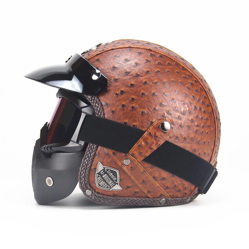 PU Leather Helmet 3/4 Motorcycle Chopper Bicycle Helmet Exposed Vintage Motorcycle Helmet & Goggles Mask Half Face Helmet