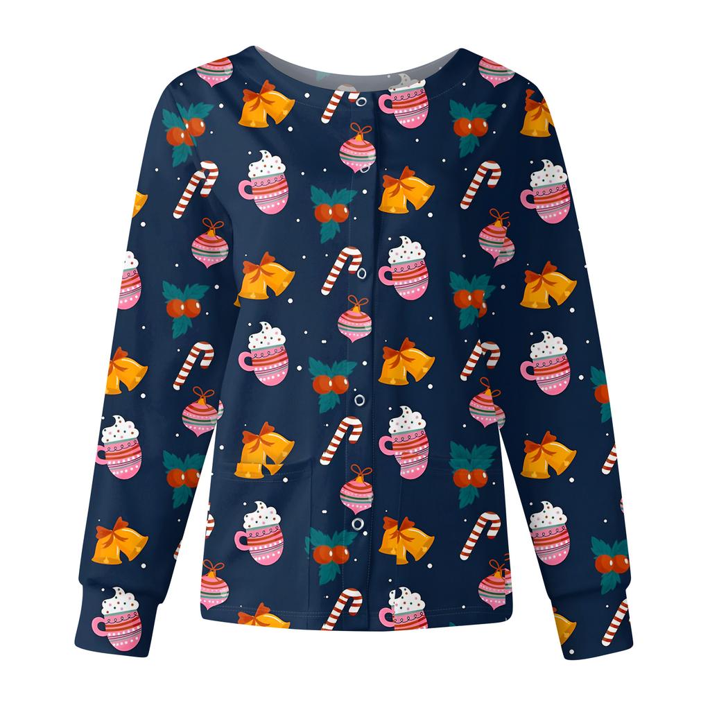 Women's Casual Fashion Long Sleeve Standing Collar Single Breasted Christmas Print Workwear Jacket Tops