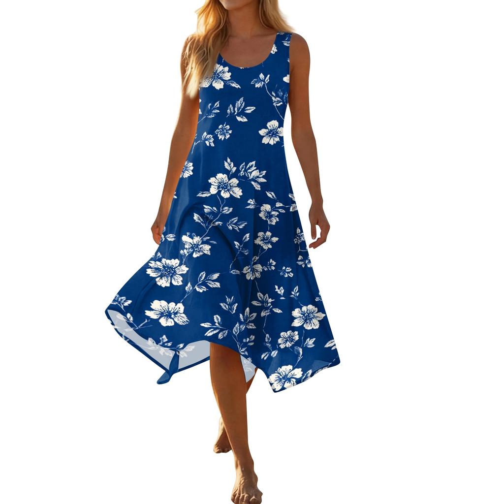 Women's Casual Sleeveless Floral Print Dress Round Neck Irregular Hem Mid-Length Summer Dress Lightweight Comfortable Fabric