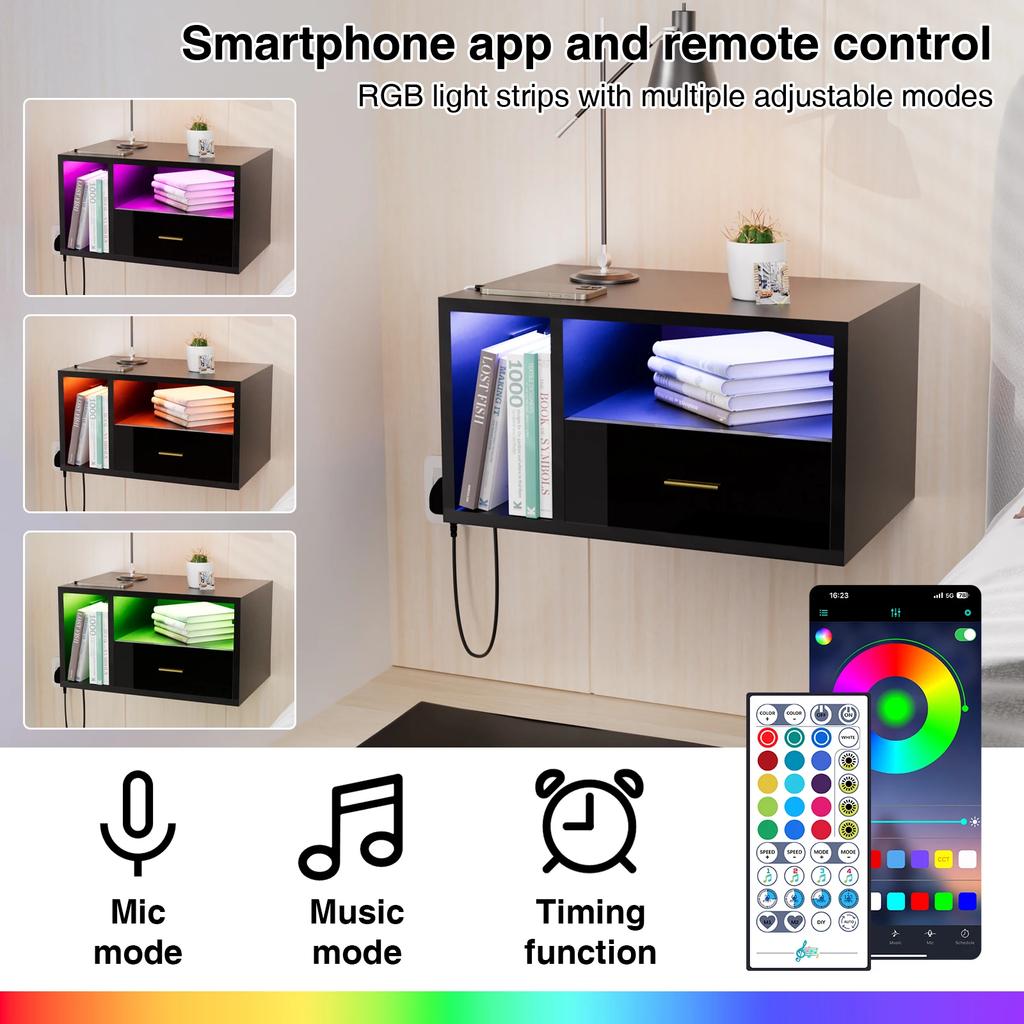 Space-saving Wall-mounted Bedside Table Wood With 1 Drawer Charging Station 1AC 2USB EU Plug Lamp Strip Floating Model Black For Bedroom