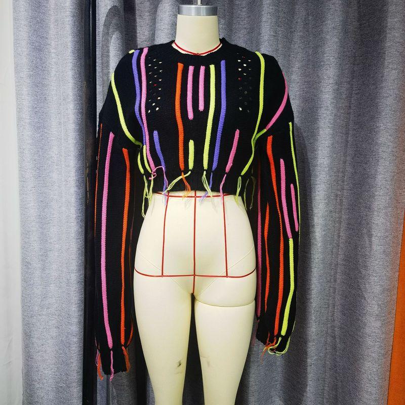 

Fashion New Arrival Contrast Color Color Stripes Tassel round Neck Short Long-Sleeved Sweater Striped Tassel Sweater Black L