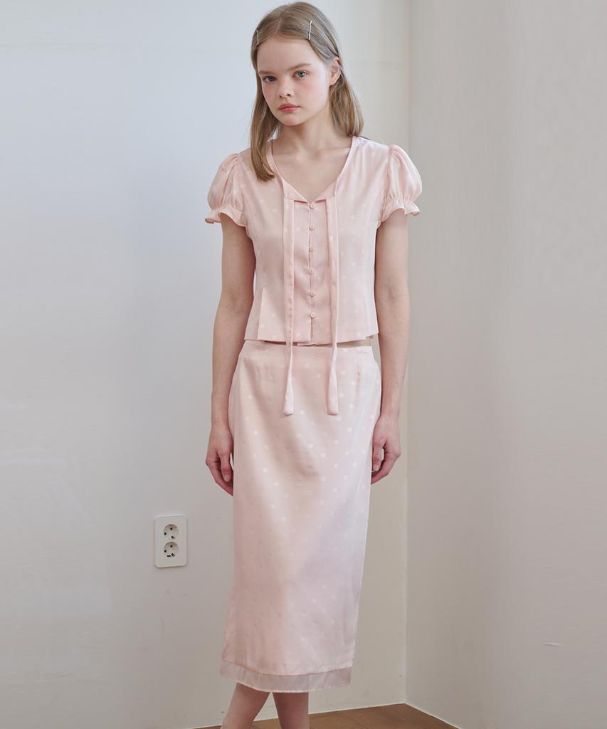 OPENING SUNSHINE Set - Satin Jacquard Tie Blouse + H Midi Skirt Pink