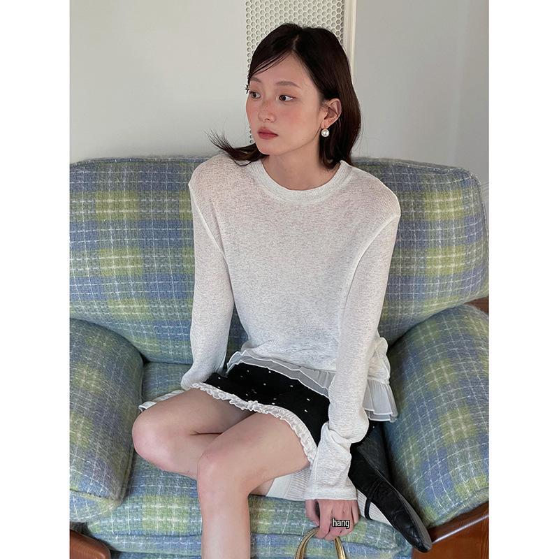 

French Retro Lace Trim Round Neck Long Sleeve T-shirt for Women - Autumn Base Layer Shirt One Size (80-130) белый