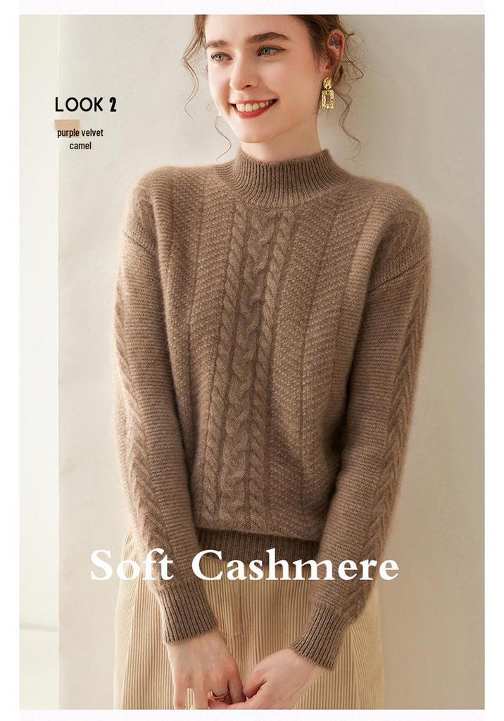 Women's Thick Cashmere Sweater: Solid Color, Half-High Neck, Loose Fit, Lazy Style, Cable Knit.