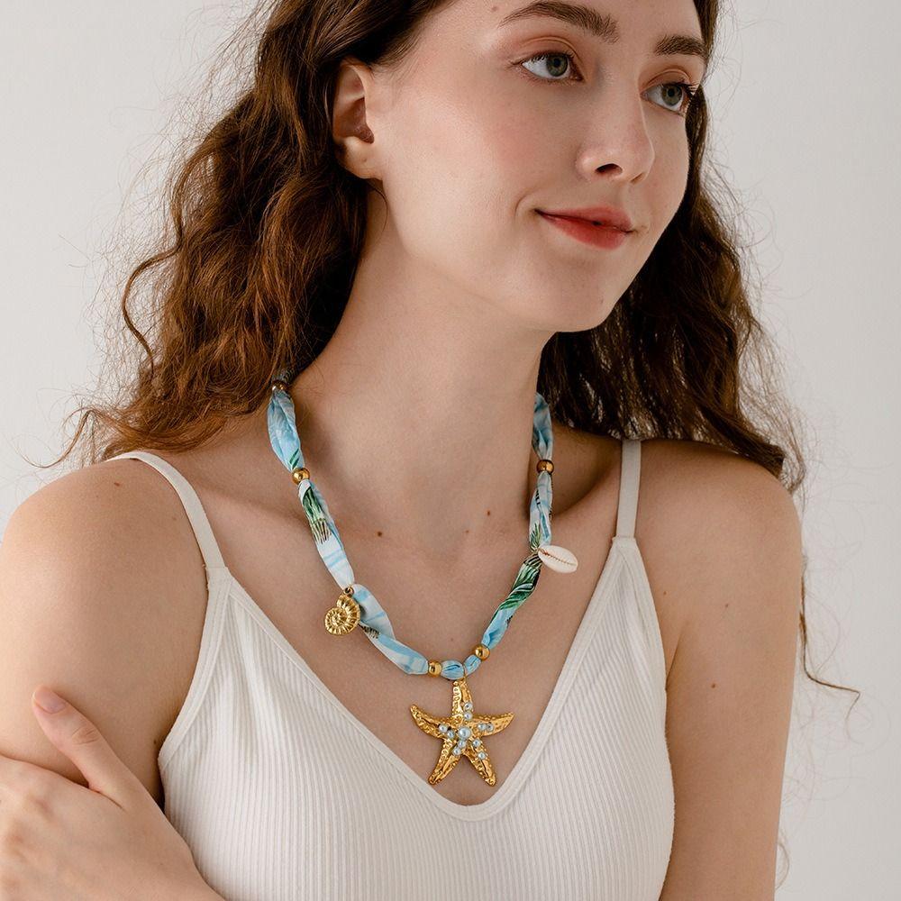 Jelly Fish Cloth Wrap Scarf Chain Necklace Starfish Blue Bead Necklace  Male