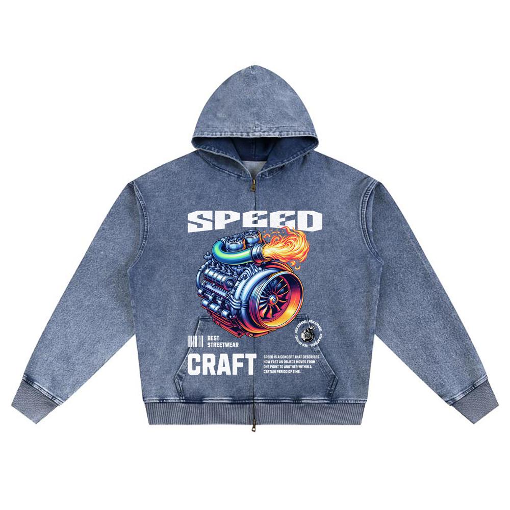 DTG Print Knitted Denim Zip-Up Hoodie Speed Craft Brother Print Zipper Hoodies  