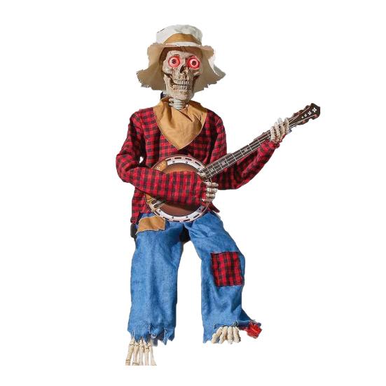 Halloween Skeleton Ornament Animated Country Skeleton Musician Band Banjo Player Statue Farmhouse Style Haunted House Decor