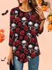 Women's Loose Round Neck Three Quarter Sleeve Tee 3D Halloween Pattern Ideal Halloween and Christmas Gift