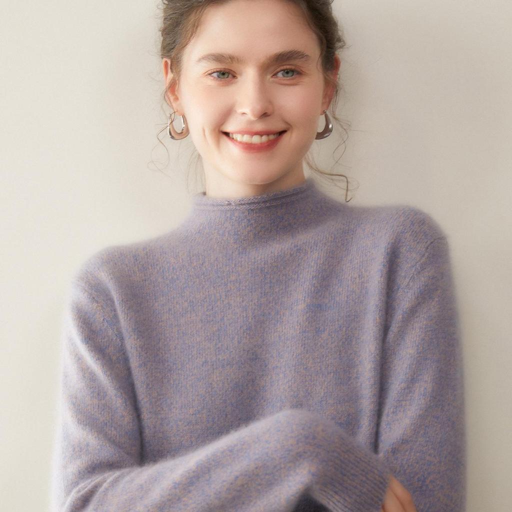 Women's Heathered Thickened Cashmere Half-Turtleneck Sweater - Long Sleeve Knit Pullover for Autumn & Winter