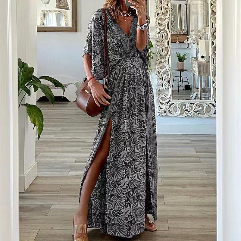 

JPNTKY Fashion Summer Spring Short Sleeve V-Neck Casual Dresses International design XXXXXL сірий колір