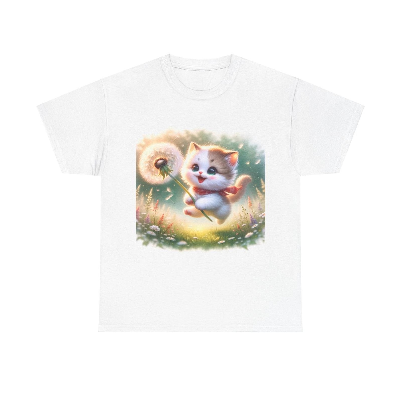 Unisex Adult T Shirt Kitten Dandelion Puff Whimsical Illustration M